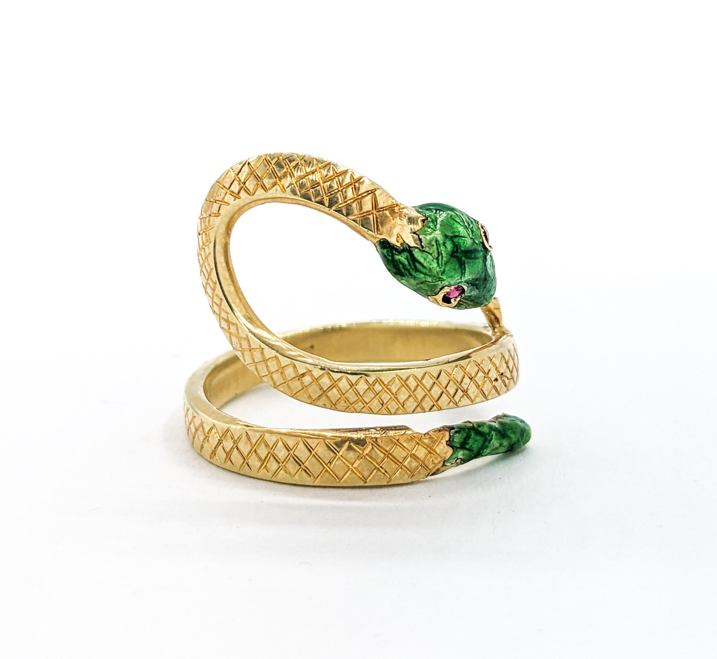 Women's Vintage Green Enamel Snake Ring with Ruby Eyes In Yellow Gold For Sale