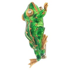 Vintage Green Enamel Textured 18K Frog with Diamond Eyes