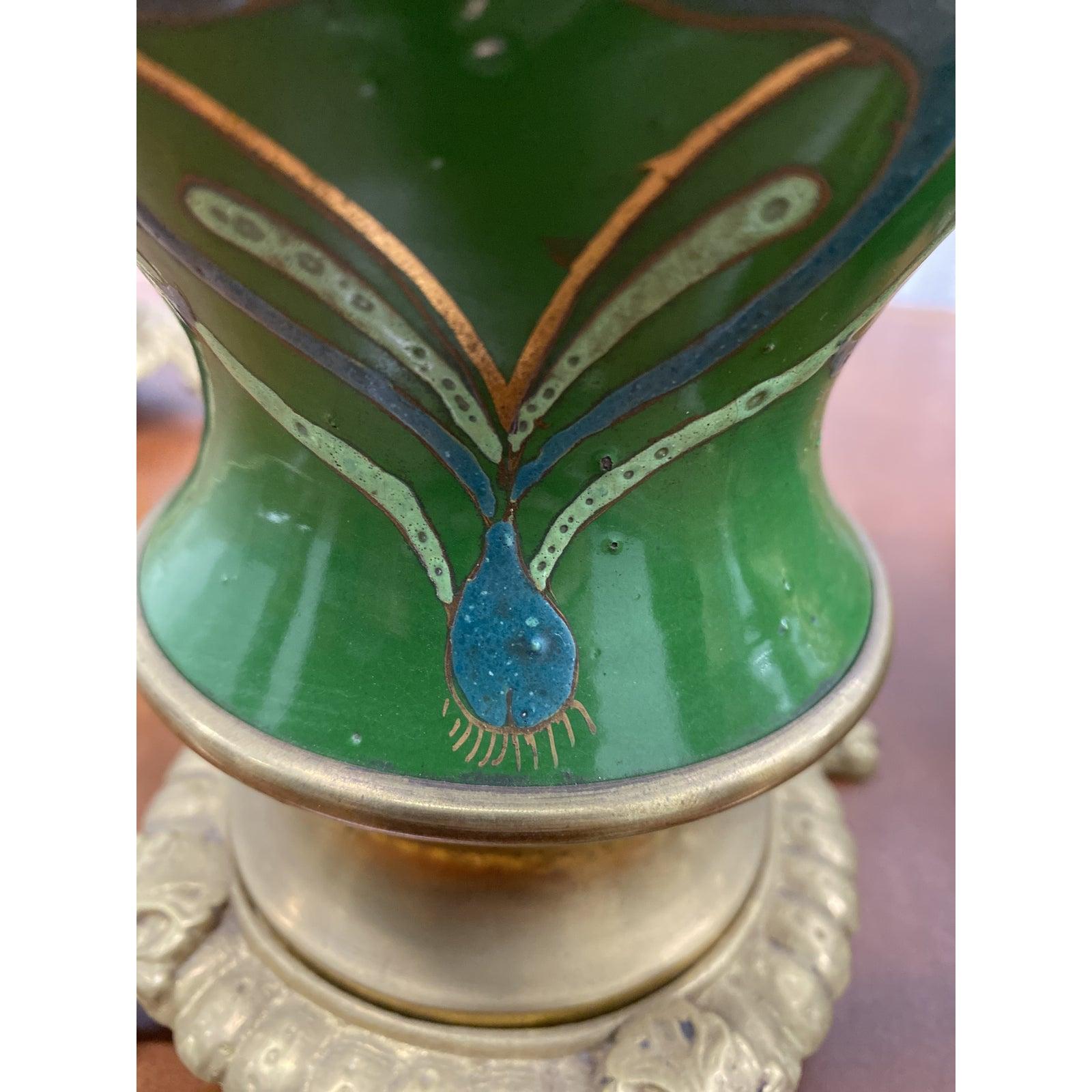 Vintage Green Enameled Clock and Candelabras, circa 1930 1