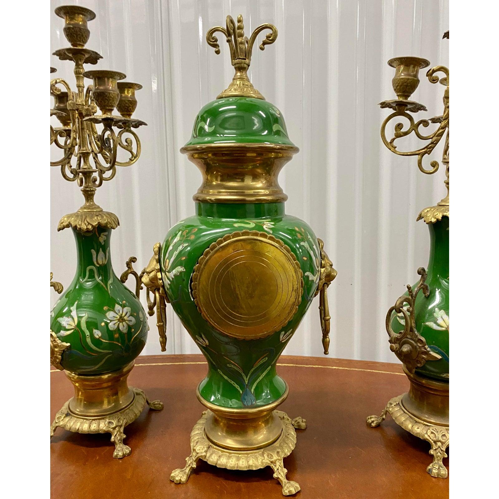 Vintage Green Enameled Clock and Candelabras, circa 1930 4