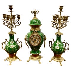 Vintage Green Enameled Clock and Candelabras, circa 1930