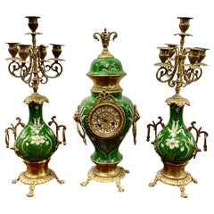 Antique Green Enameled Clock and Candelabras, circa 1930