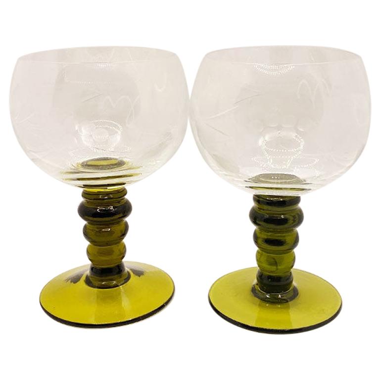 Vintage Green Etched Wine Glasses, Pair For Sale at 1stDibs