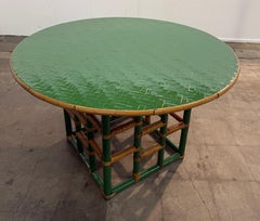 Vintage Green Faux Bamboo & Rattan Round Coffee Table