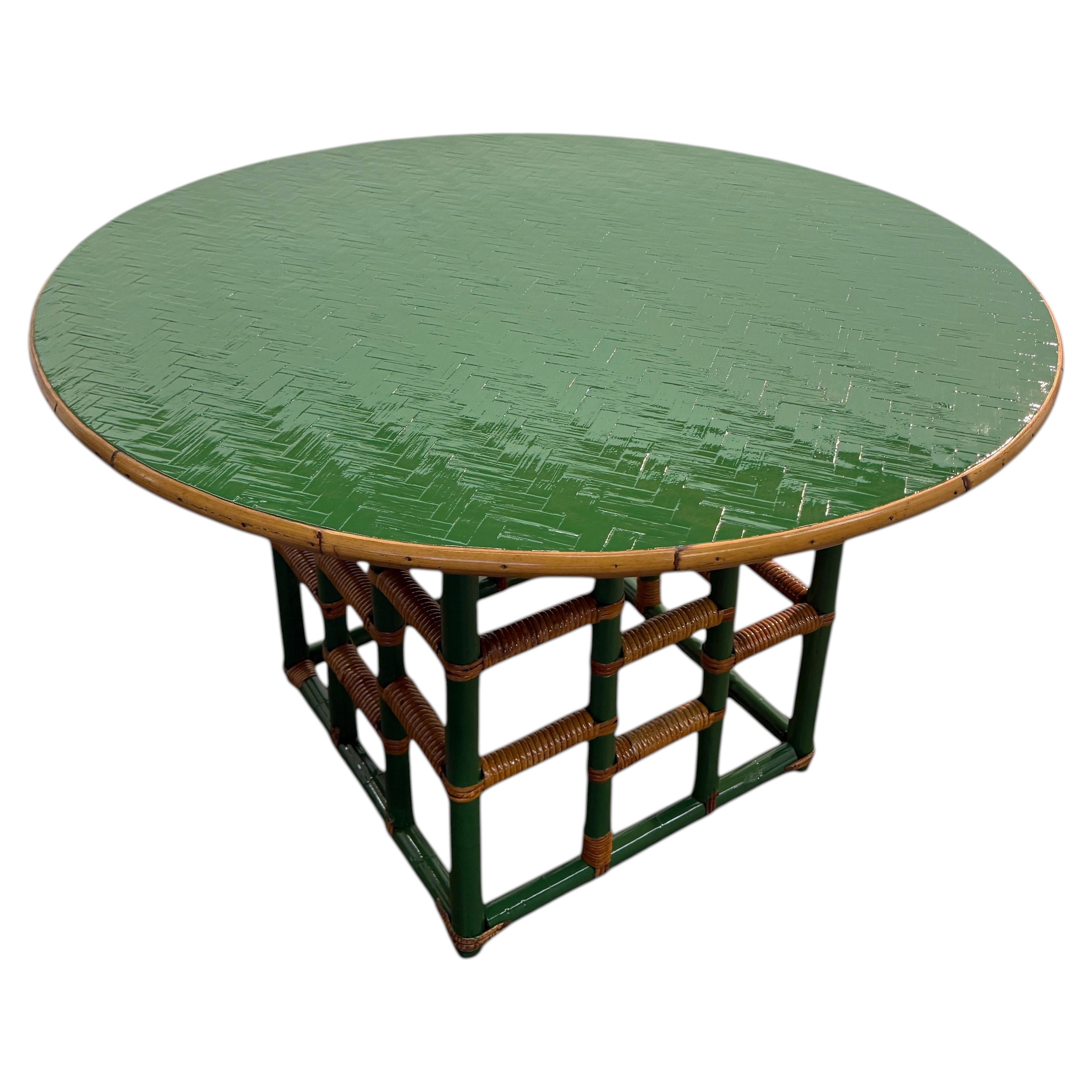 Vintage Green Faux Bamboo & Rattan Round Coffee Table