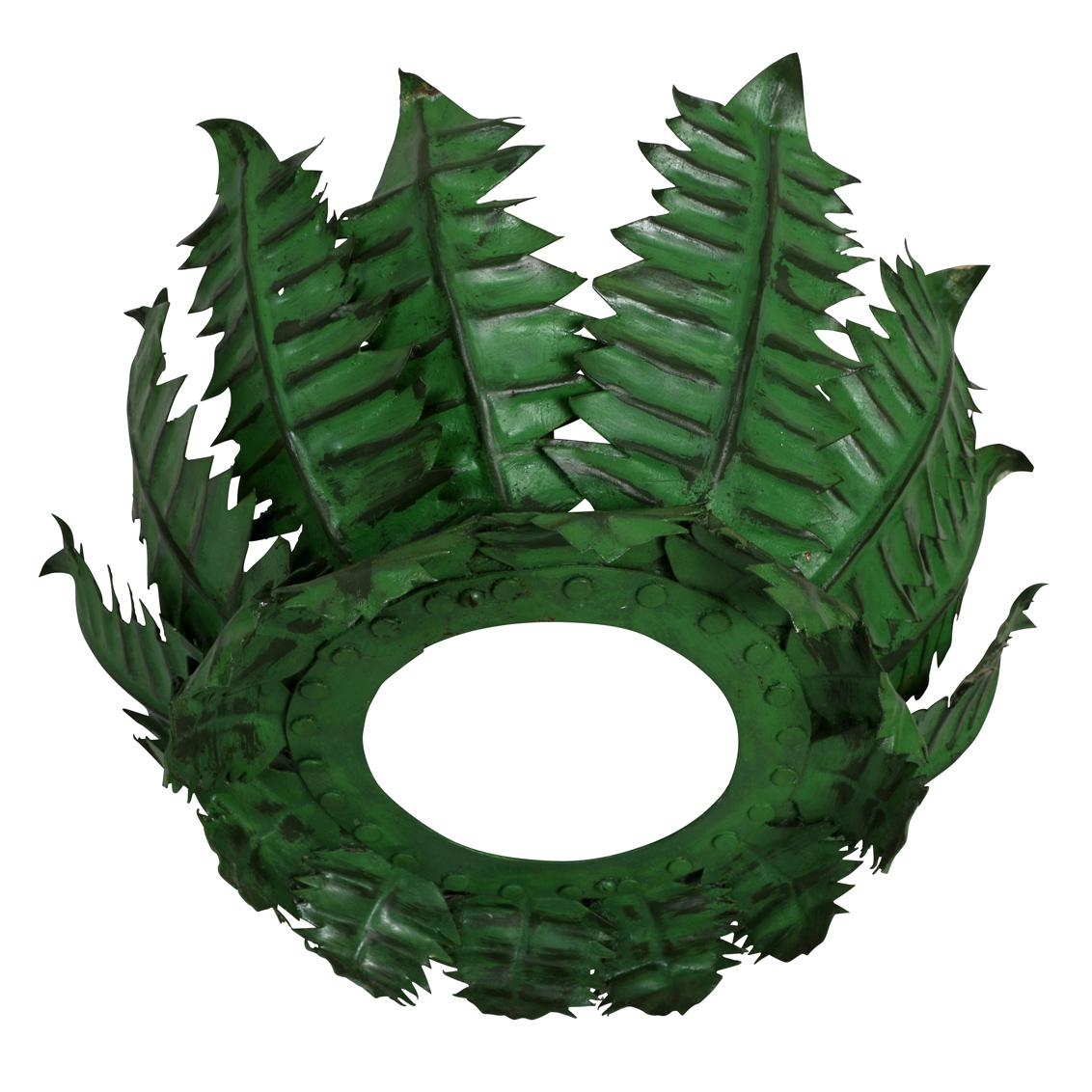 A vintage green fern leaf design semi-flush ceiling mount light. Constructed of painted metal in a circular shape resembling individual fern leaves curved around one another. The semi-flush light can hold two bulbs and the translucent base allows