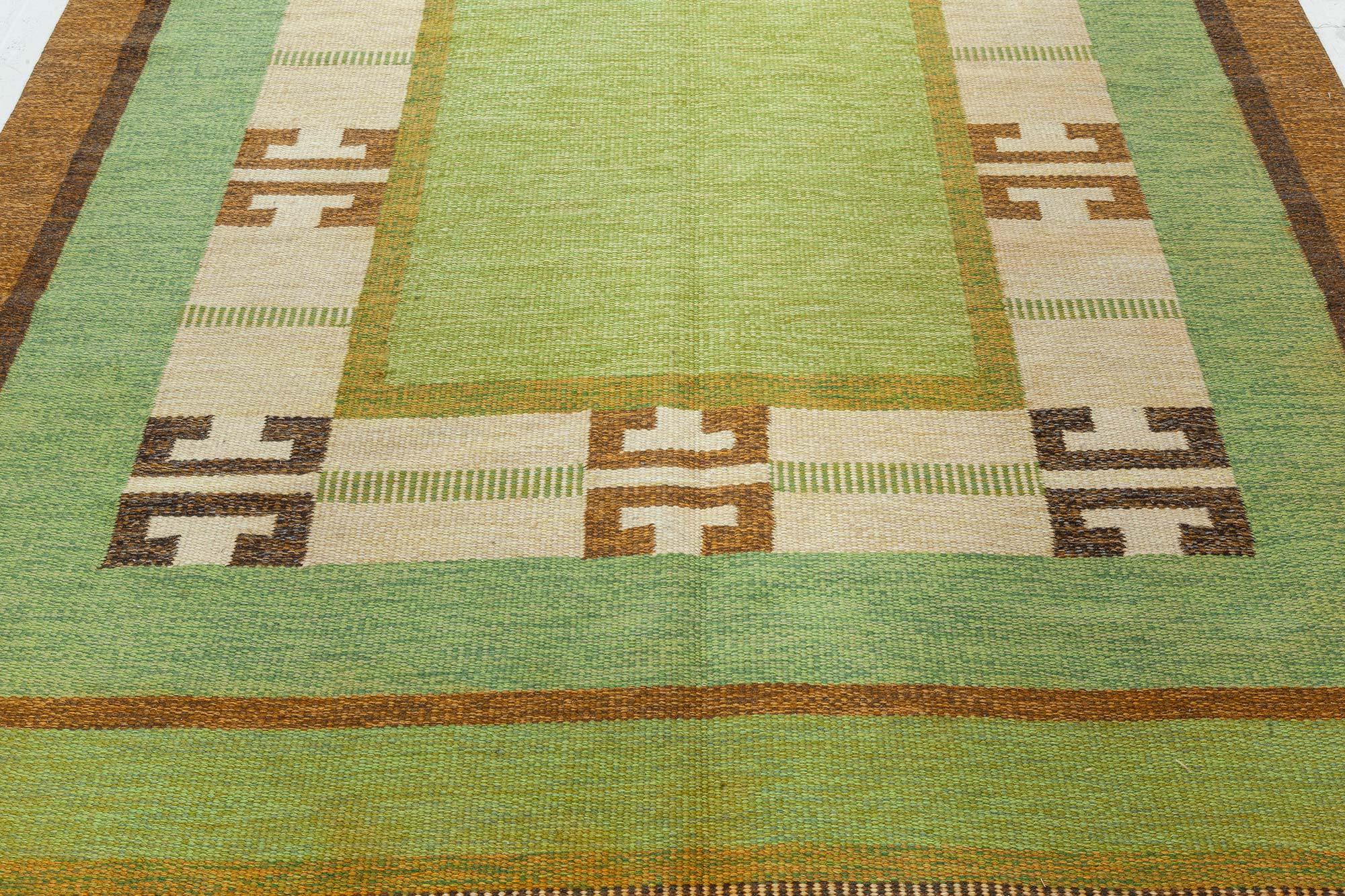 Mid-Century Modern Vintage Green Flat-weave Rug by Ingegerd Silow For Sale