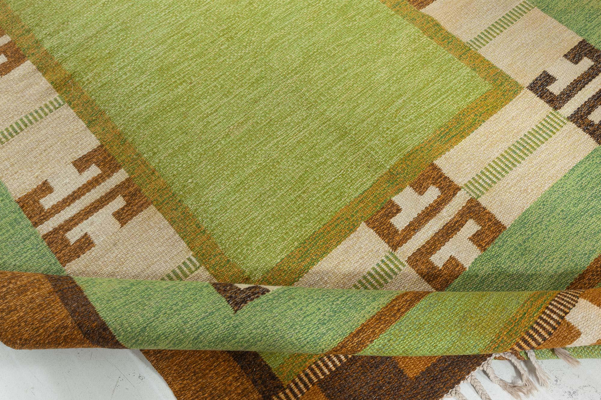 Wool Vintage Green Flat-weave Rug by Ingegerd Silow For Sale