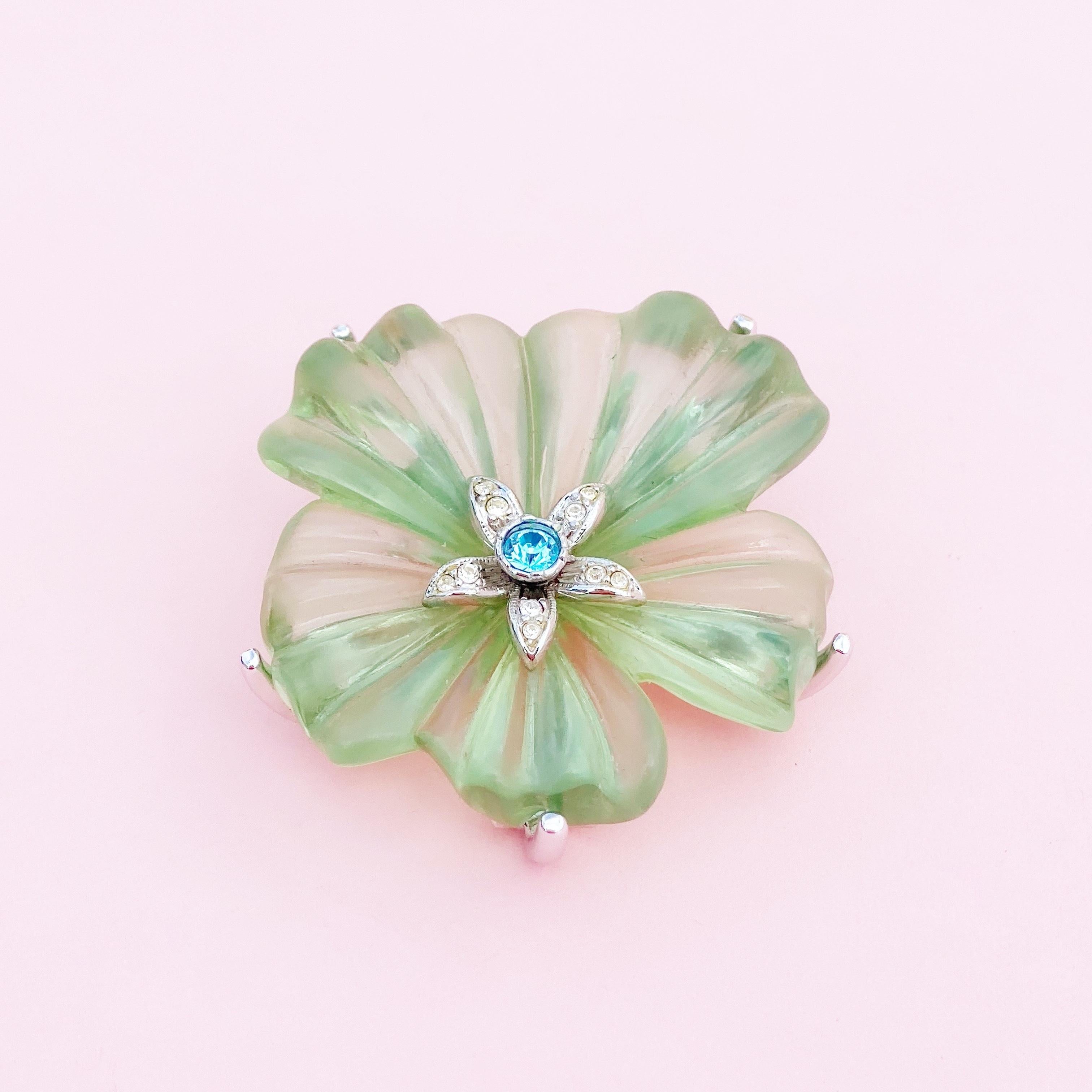 Women's Vintage Green Frosted Lucite Flower Figural Brooch, 1980s