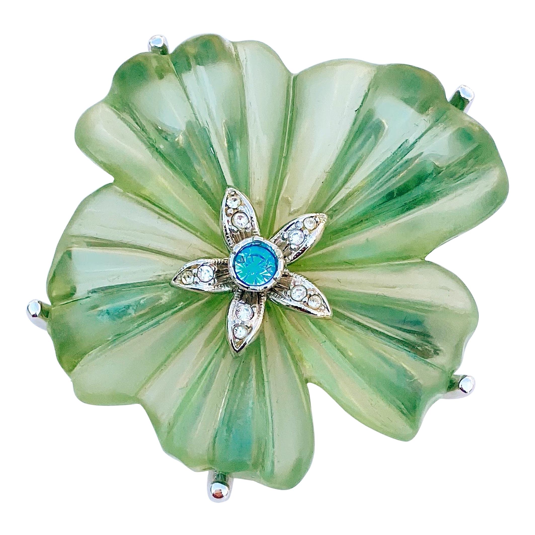 Vintage Green Frosted Lucite Flower Figural Brooch, 1980s