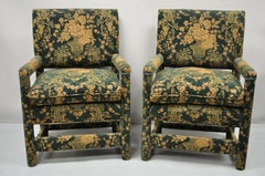 Vintage Green Fully Upholstered Parson Style Captains Lounge Arm Chairs, a Pair
