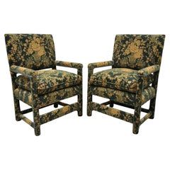 Vintage Green Fully Upholstered Parson Style Captains Lounge Arm Chairs, a Pair