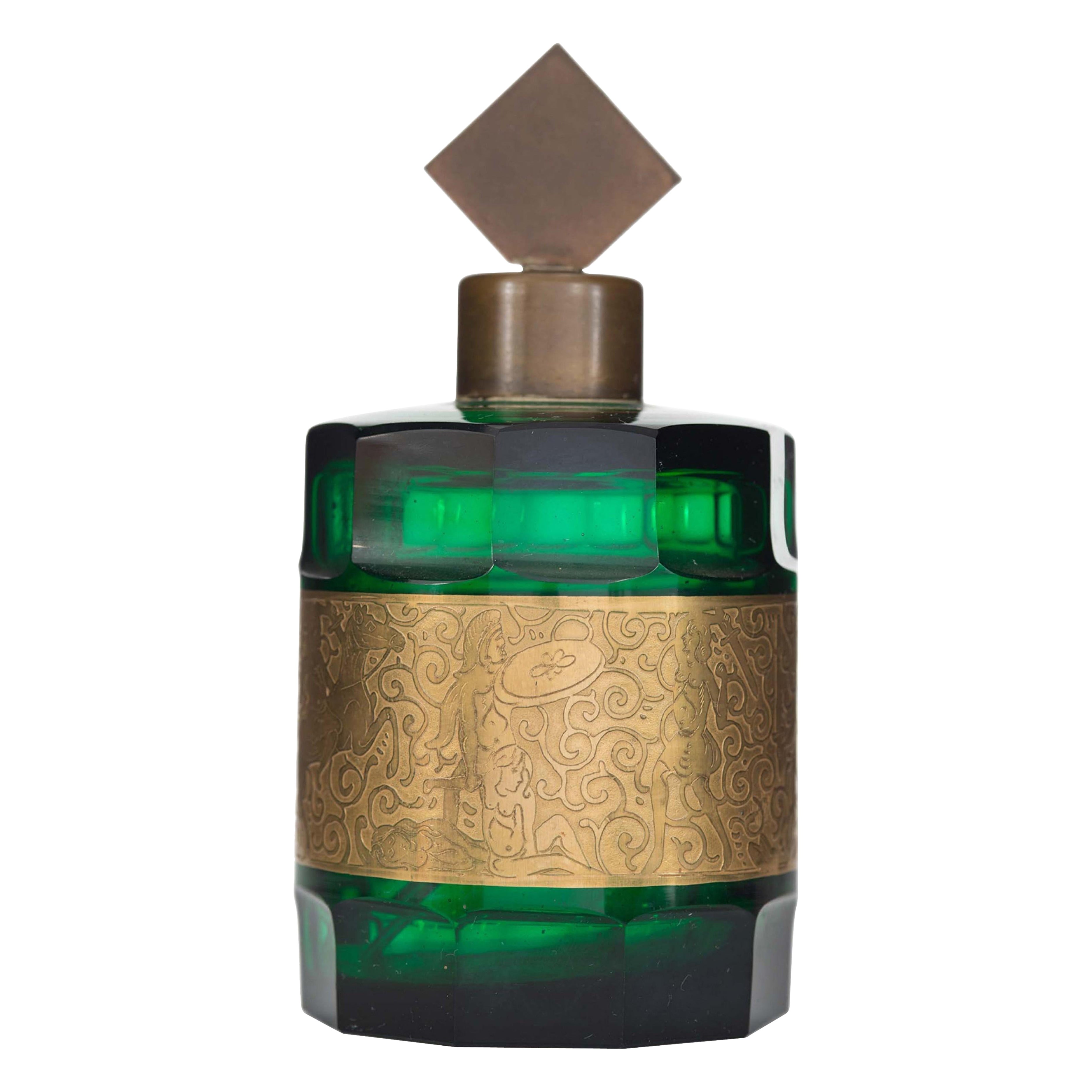 Vintage Green Glass and Gilt Metal Perfume Bottle