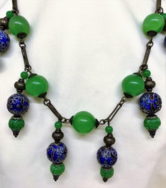 Vintage Green Glass Bead, Cloisonne and Brass Chain Necklace