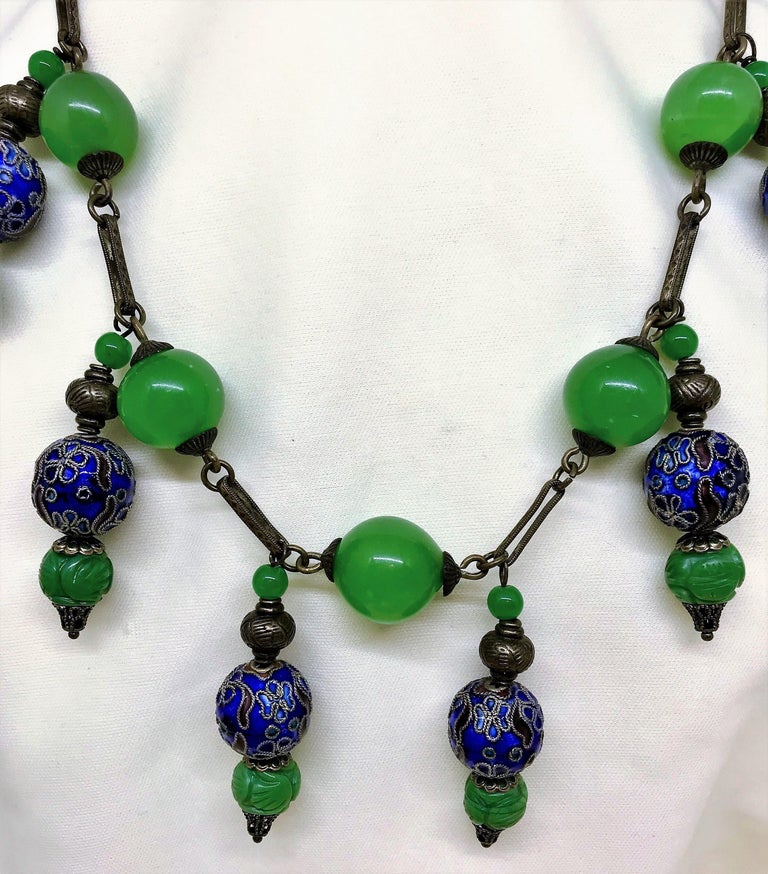 Vintage Green Glass Bead, Cloisonne and Brass Chain Necklace For Sale