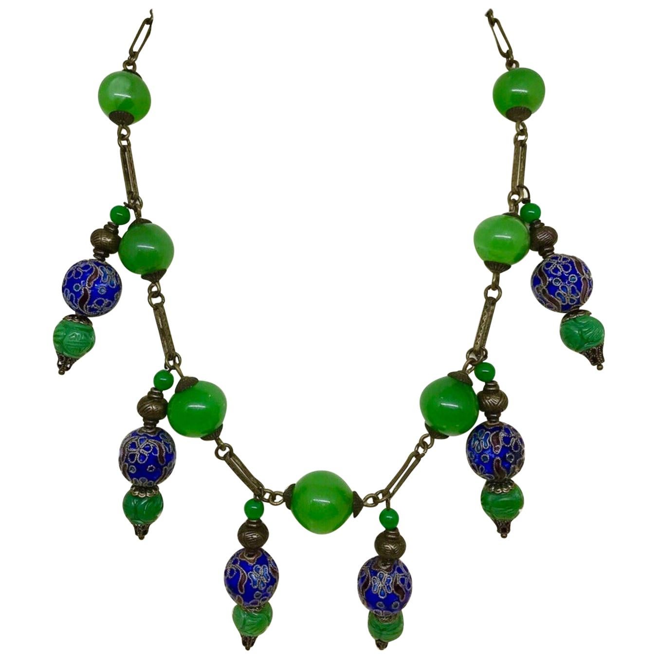 Vintage Green Glass Bead, Cloisonne and Brass Chain Necklace For Sale