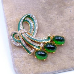 Vintage Green Glass Brooch With Rhinestones 1940's