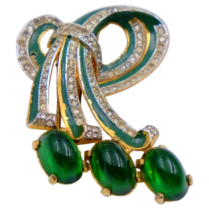 Vintage Green Glass Brooch With Rhinestones 1940's For Sale