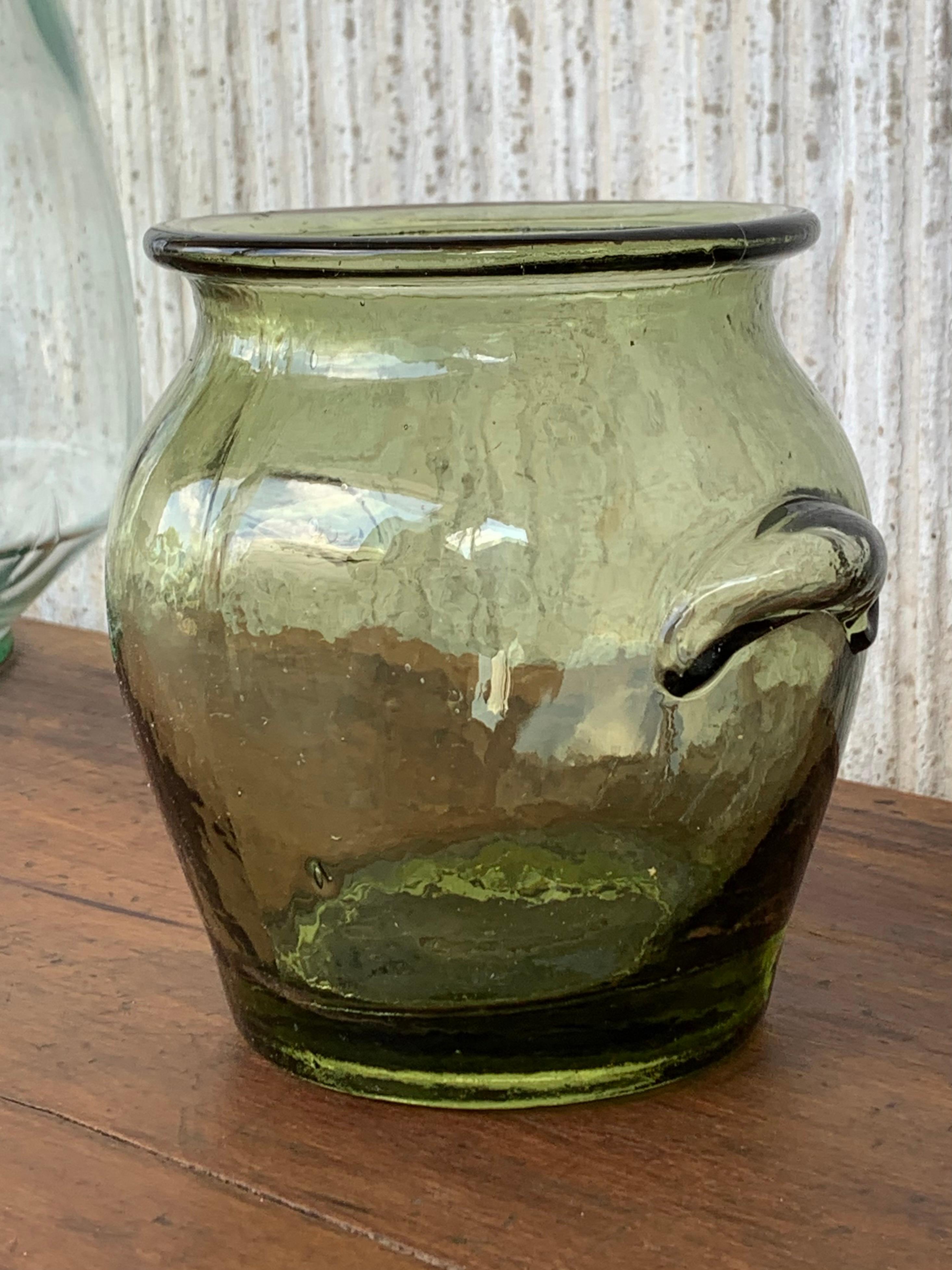 Baroque Revival Vintage Green Glass Canister Storage Jars, Spain Flour, Tea, 1960s For Sale