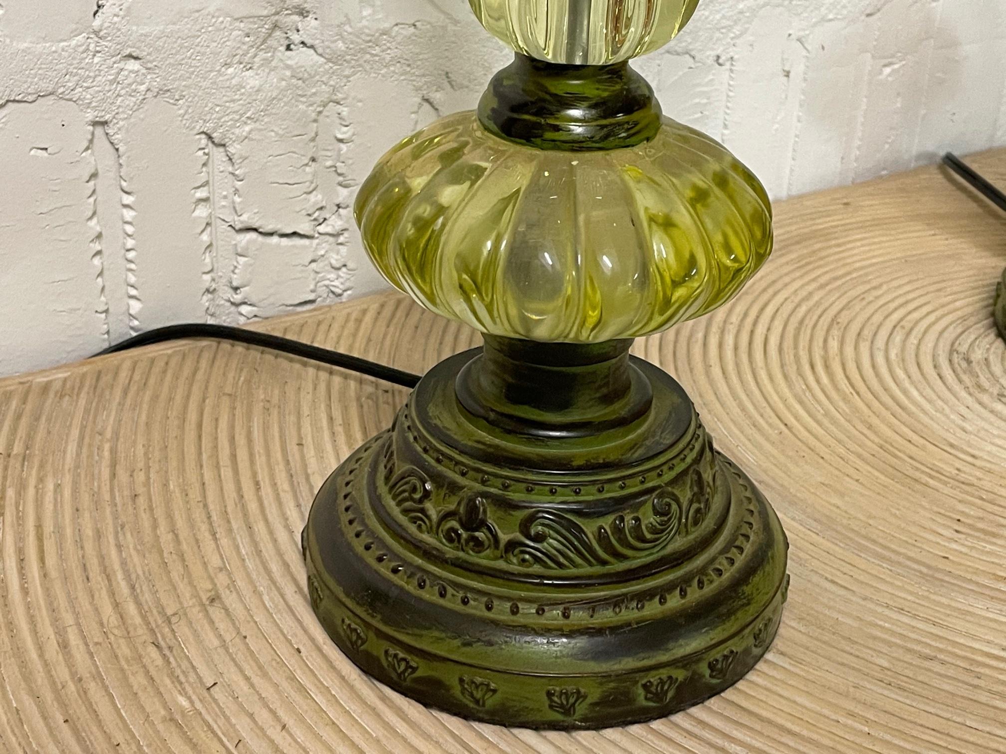 Vintage Green Glass Chandelier Table Lamps, a Pair 1