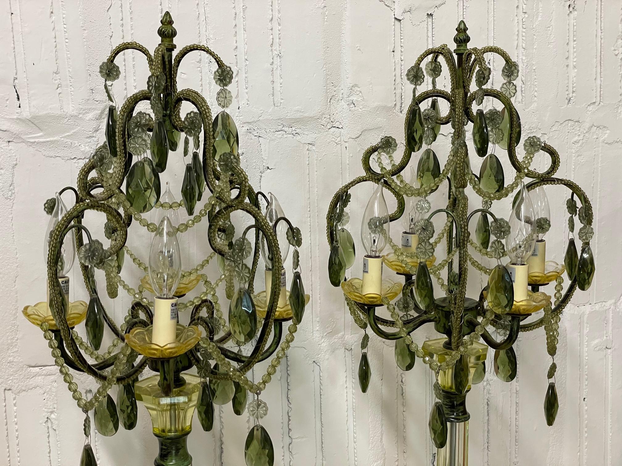 Vintage Green Glass Chandelier Table Lamps, a Pair at 1stDibs
