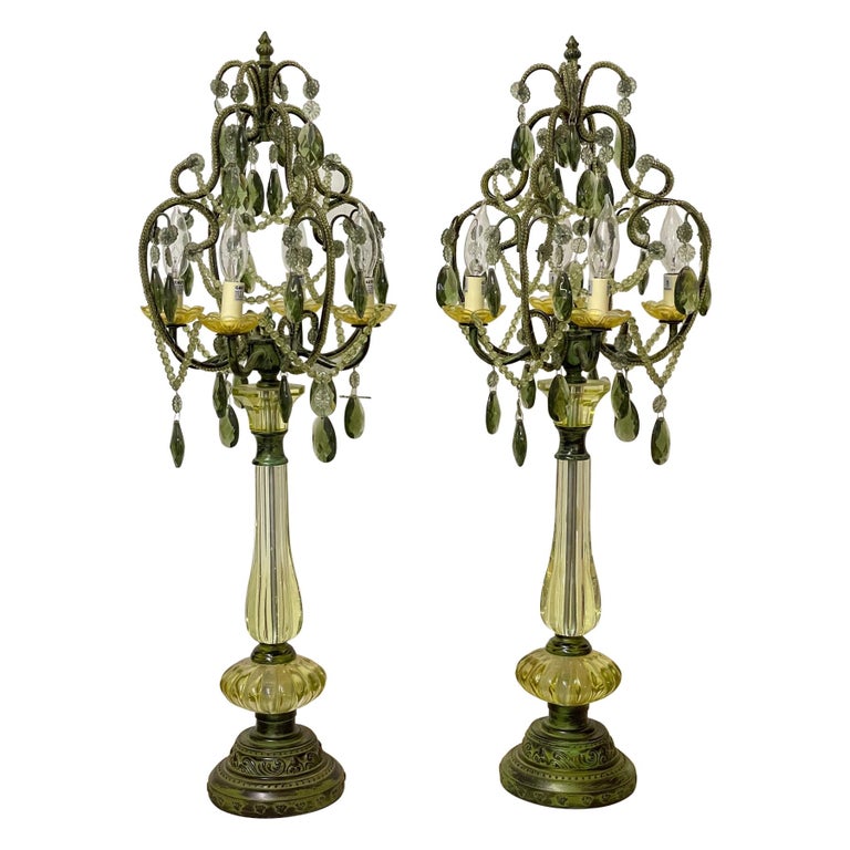 Vintage Green Glass Chandelier Table Lamps, a Pair at 1stDibs