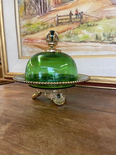 Vintage Green Glass Covered Candy Dish with Pedestal Base and Brass-Toned Mount