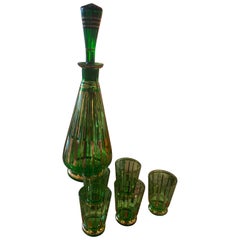 Vintage Green Glass Decanter with Stopper & 5 Shot Drinking Glasses