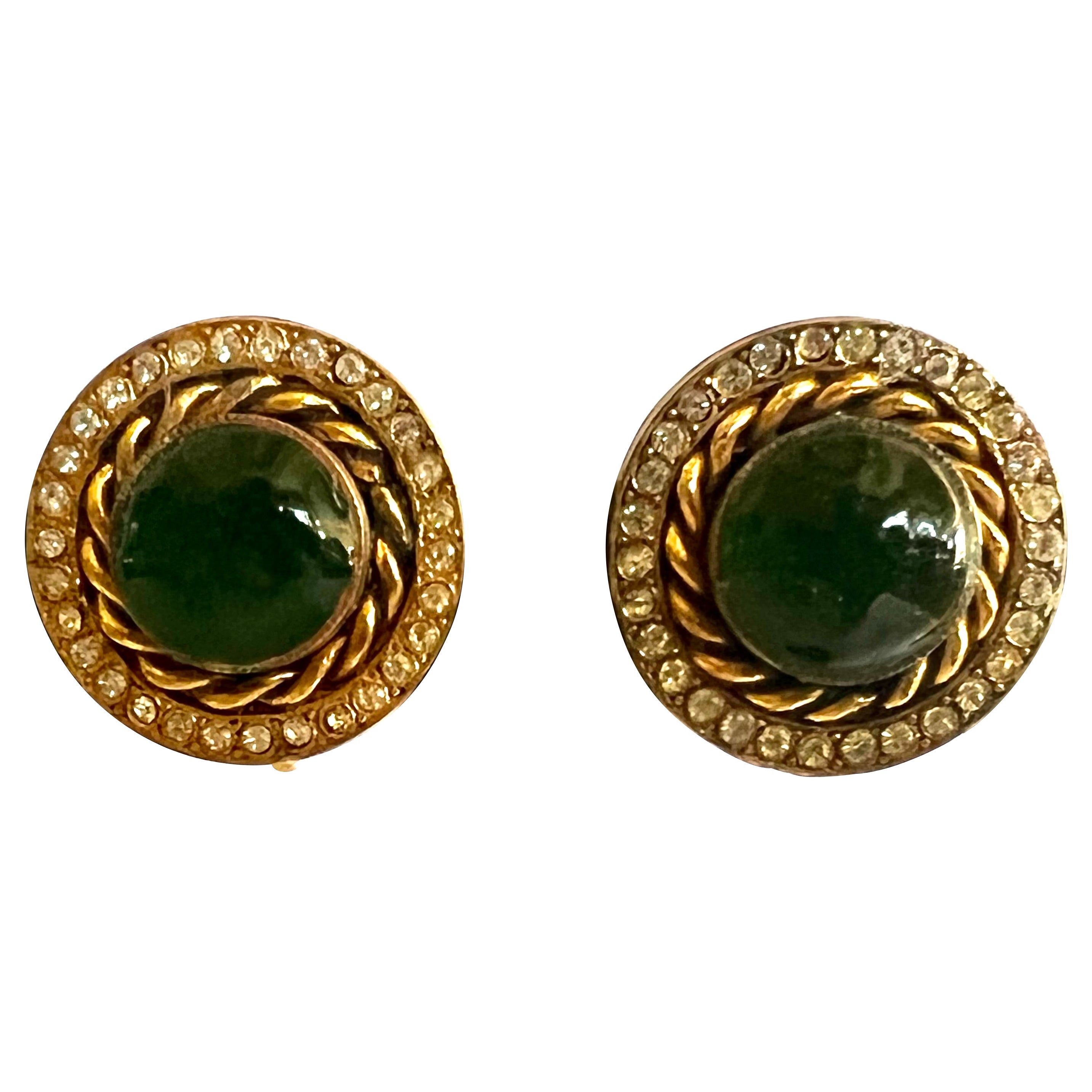 Vintage Green Glass Diamante Coco Chanel Button Earrings