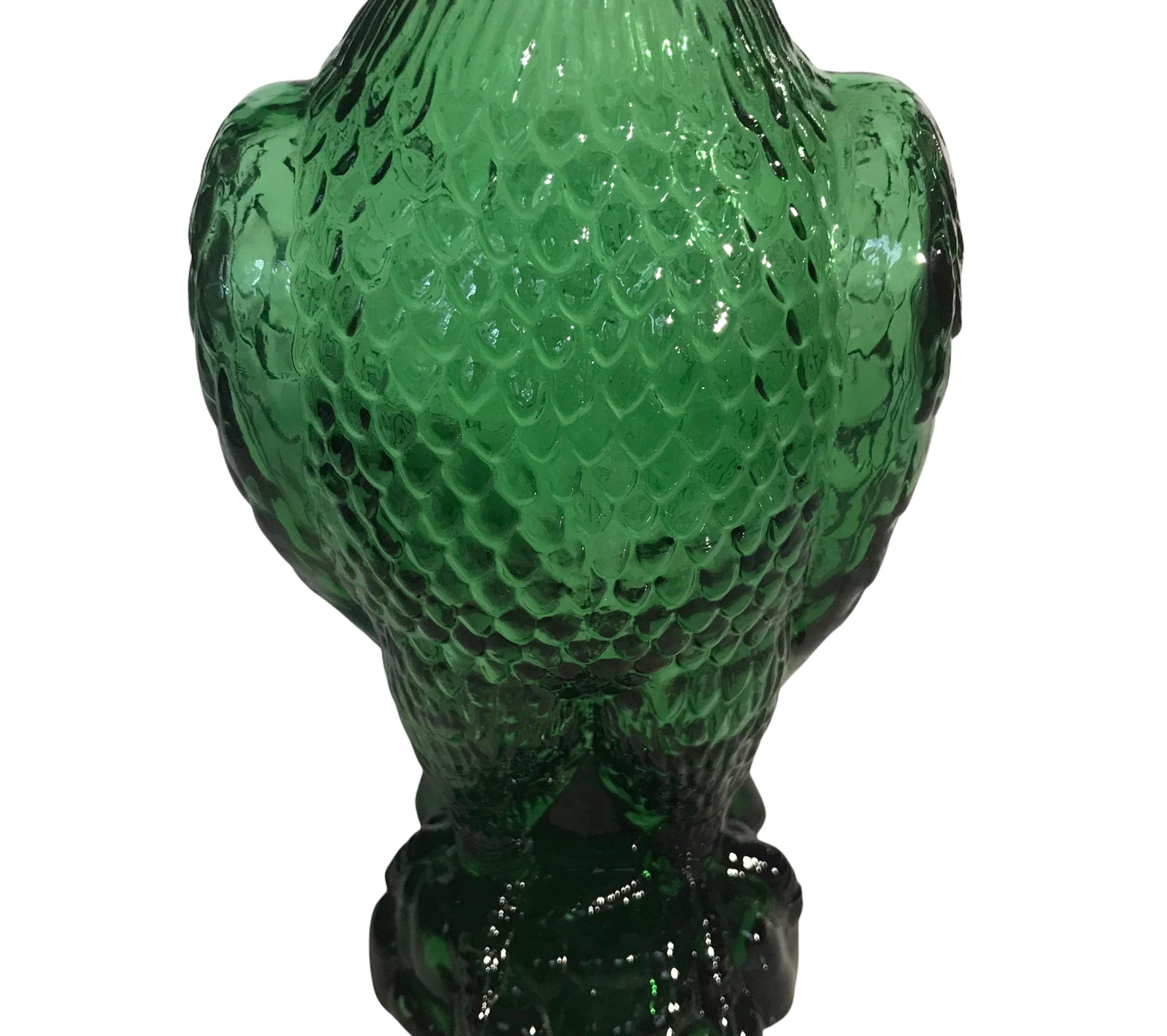 Mid-Century Modern Vintage Green Glass Eagle Decanter w/ Head as Shot Glass