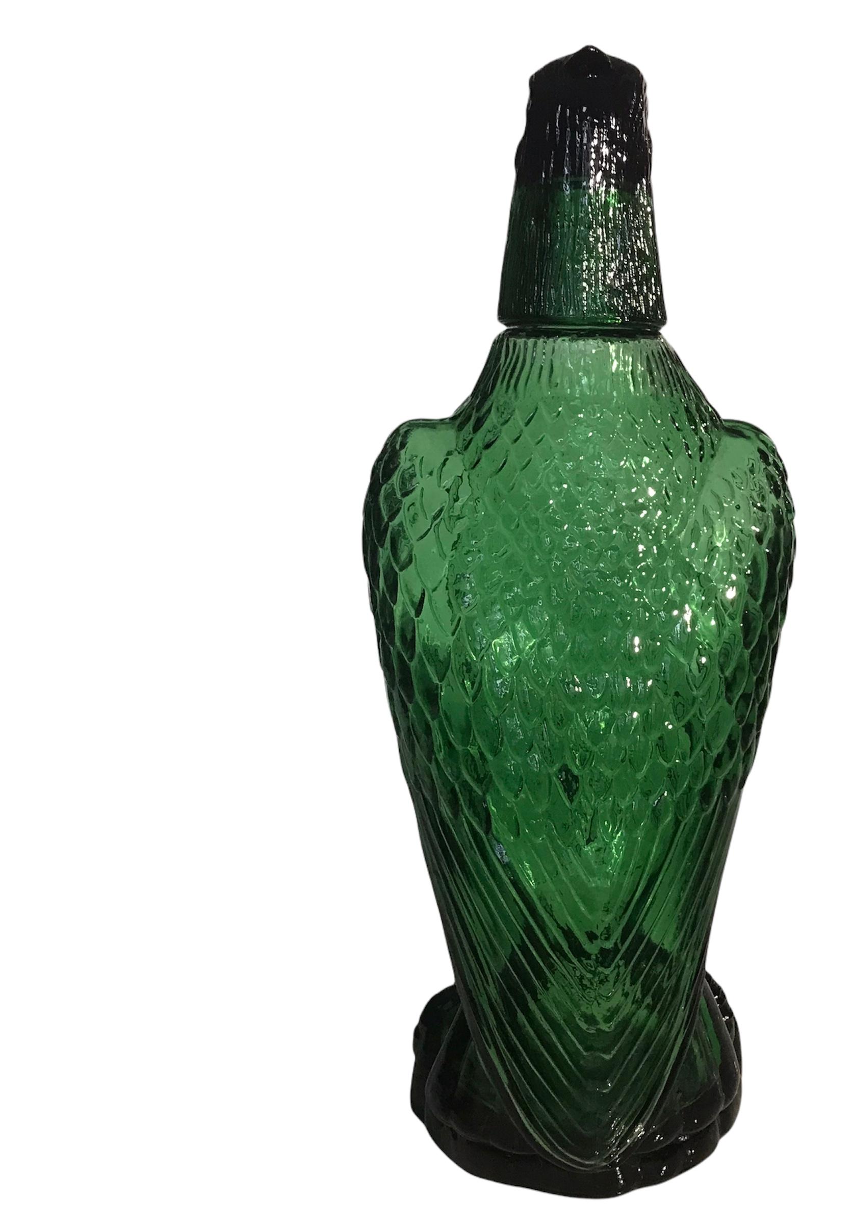 Vintage Green Glass Eagle Decanter w/ Head as Shot Glass In Excellent Condition In Arlington Heights, IL