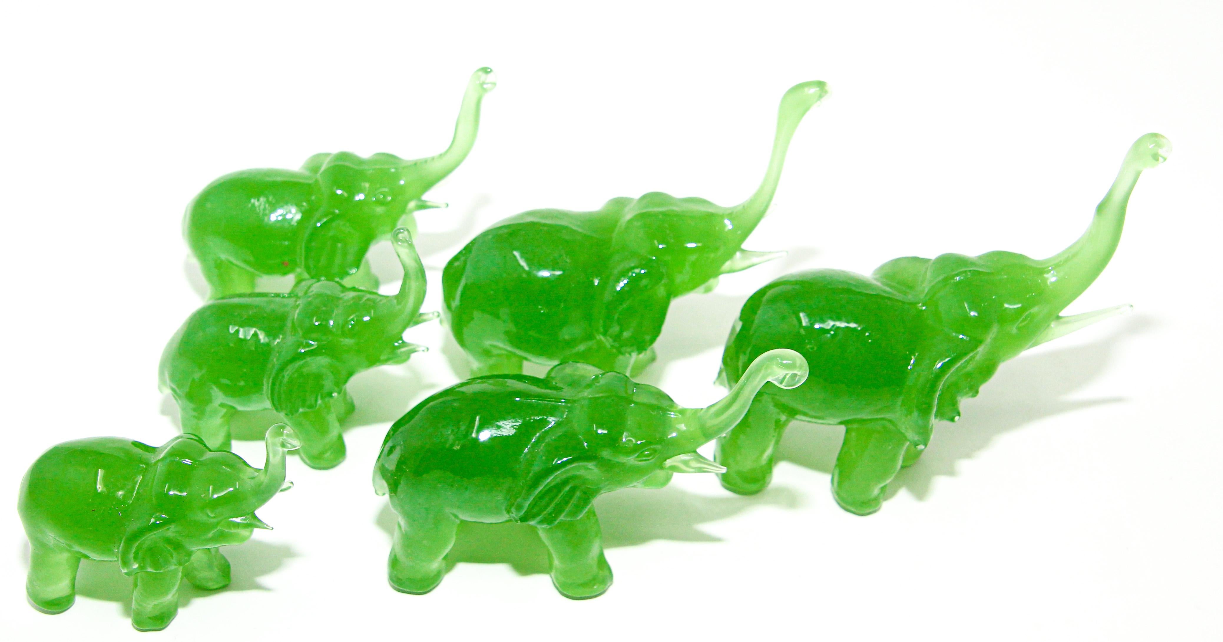Brass Vintage Green Glass Elephants Group Sculptures