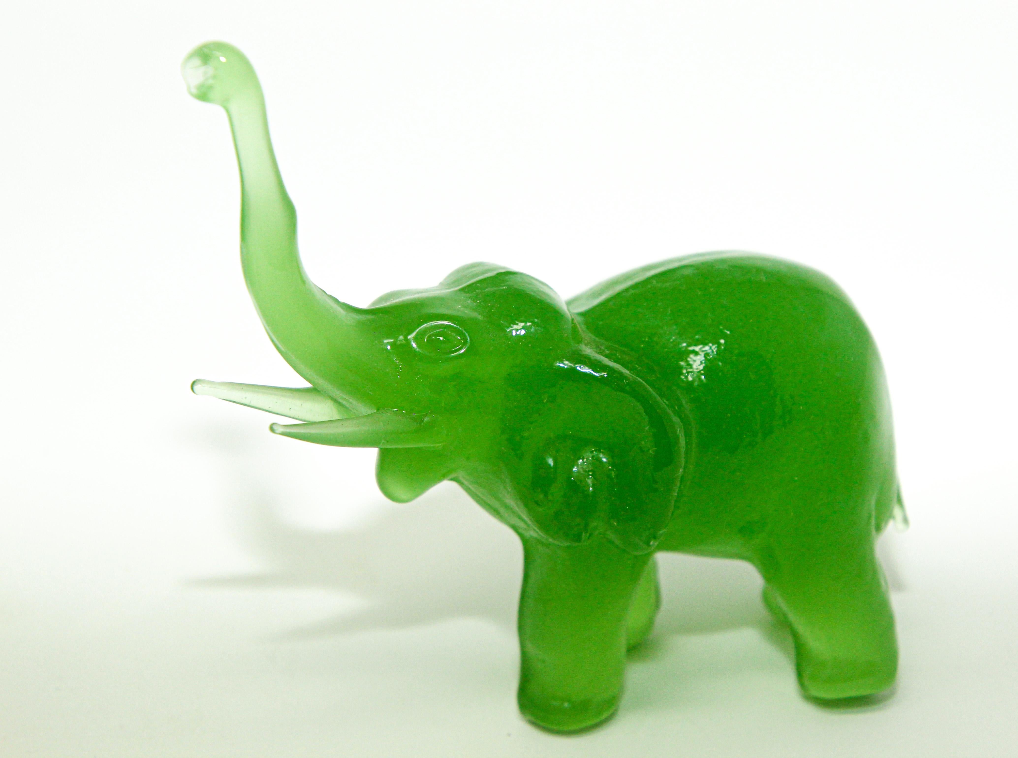 Indian Vintage Green Glass Elephants Group Sculptures