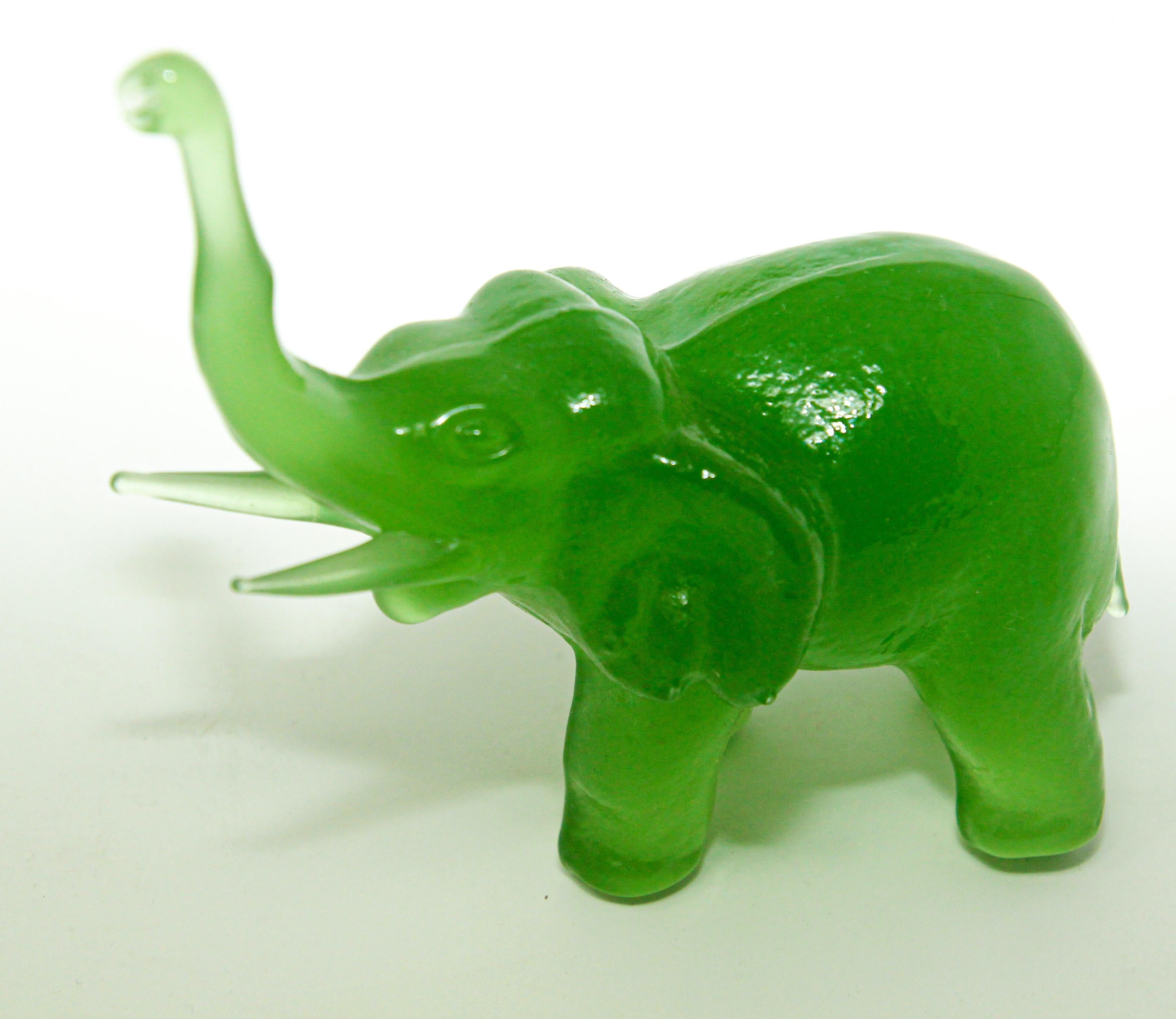 Cast Vintage Green Glass Elephants Group Sculptures