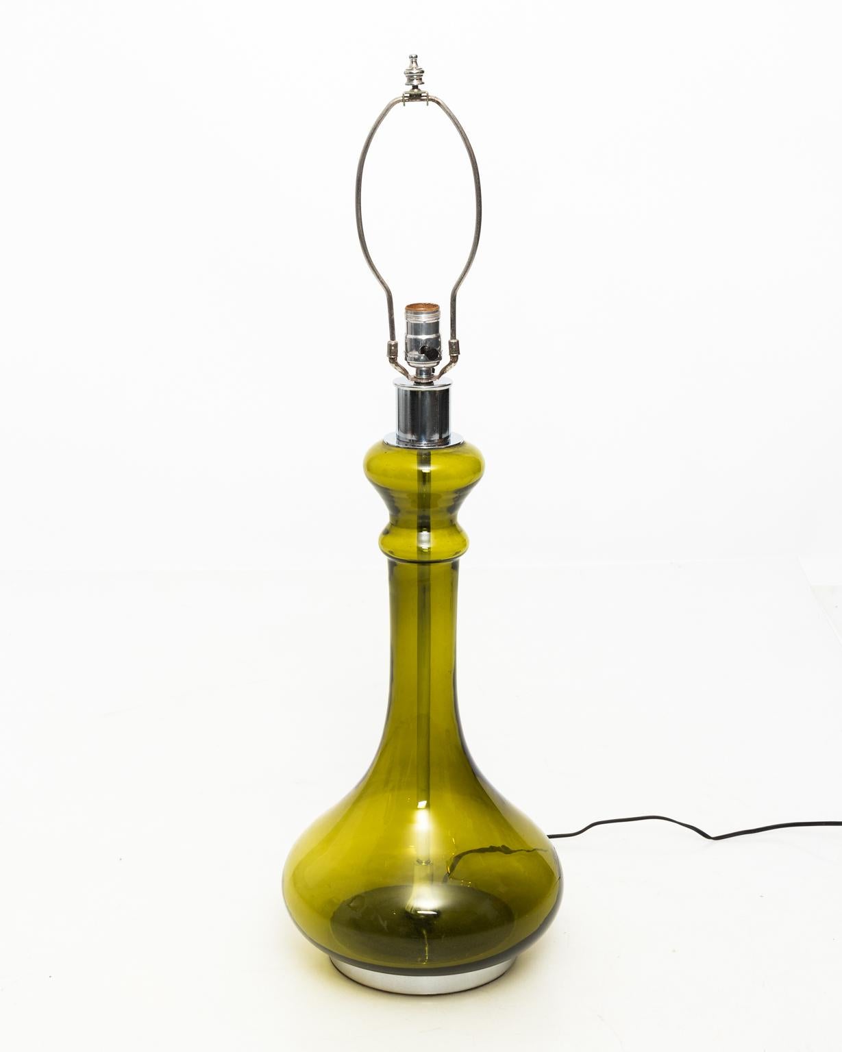 Vintage Green Glass Lamps, circa 1960s PAIR OF COLUMNAL GREEN GLASS TABLE LAMPS