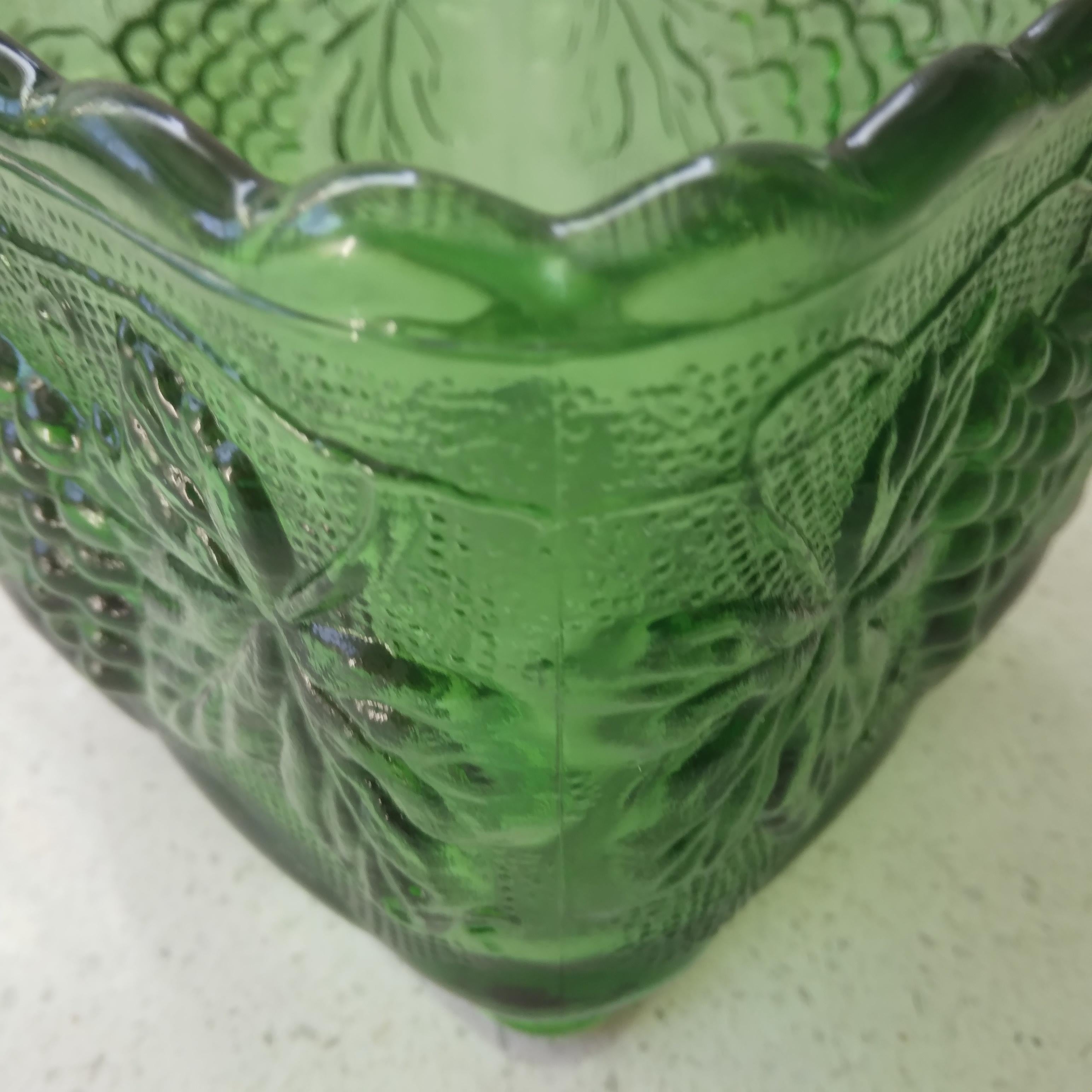 Vintage Green Glass Pedestal Dish featuring Grape Vine Pattern In Good Condition For Sale In Munster, IN