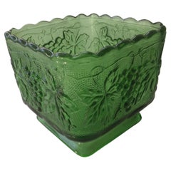Retro Green Glass Pedestal Dish featuring Grape Vine Pattern