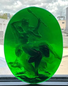 Vintage Green Glass Relief "Nymph with two satyrs"