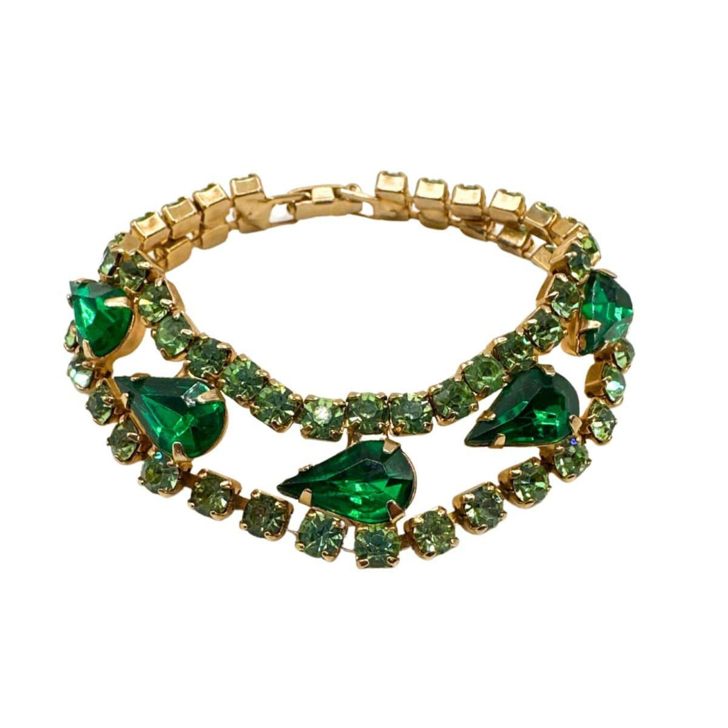 Art Deco Vintage Green Glass & Rhinestone Jewelry Set – Necklace & Bracelet For Sale