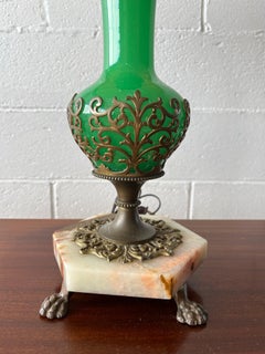 Vintage Green Glass Table Lamp With Ornate Bronze Base & Marble Footed Stand