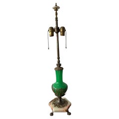 Vintage Green Glass Table Lamp With Ornate Bronze Base & Marble Footed Stand