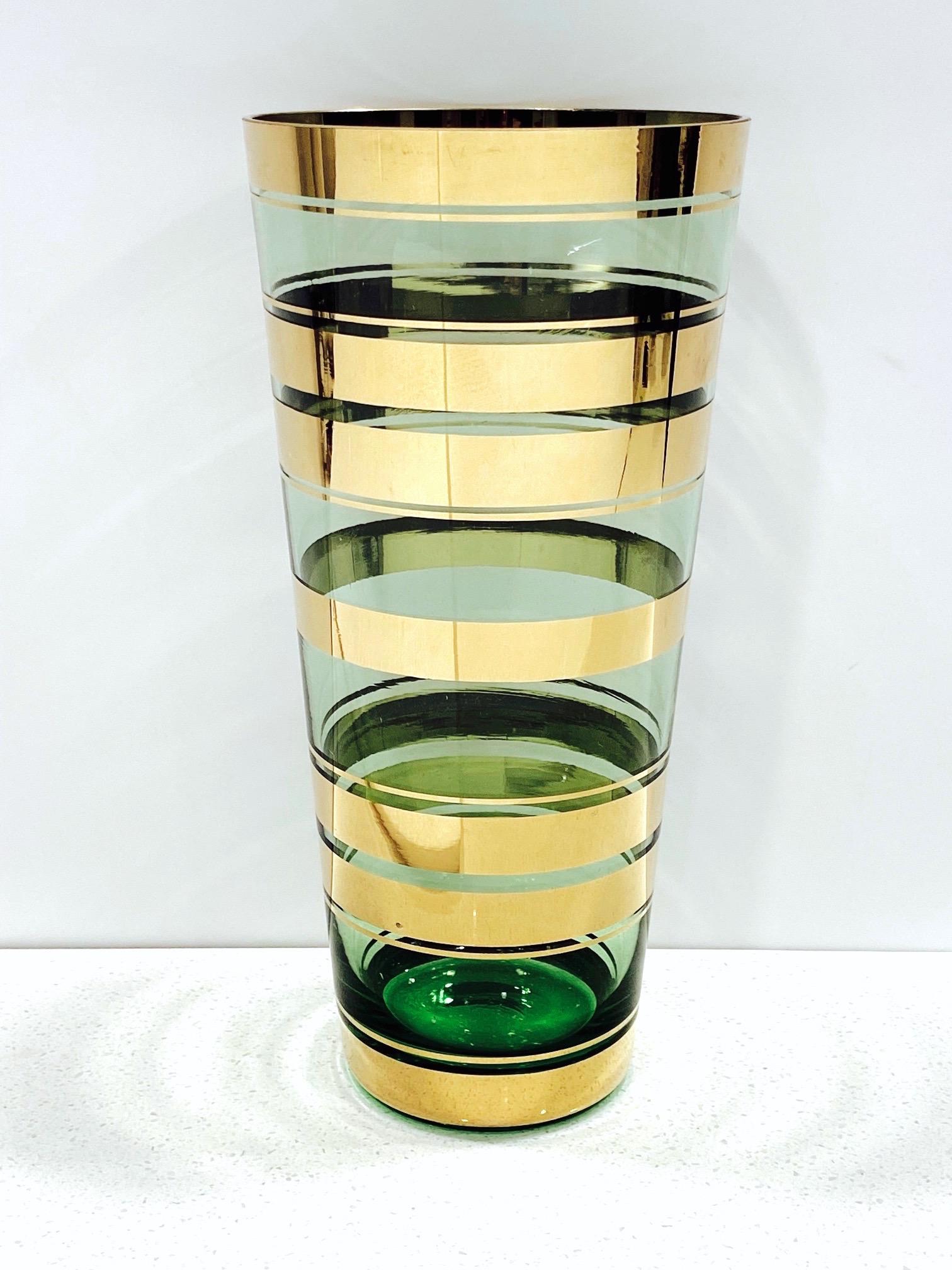 Art Glass Vintage Green Glass Vase with 24-Karat Gold Overlays, Czech Republic, c. 1950's