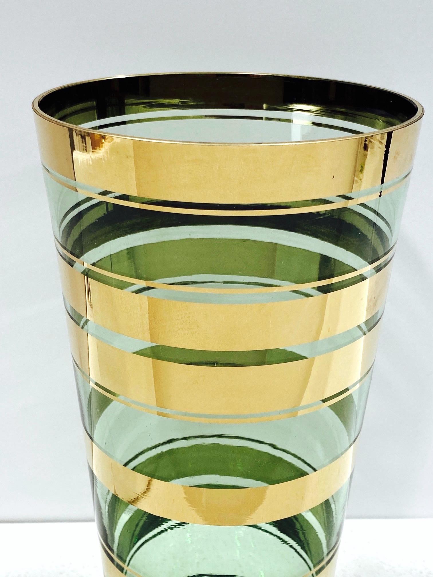 Mid-Century Modern Vintage Green Glass Vase with 24-Karat Gold Overlays, Czech Republic, c. 1950's