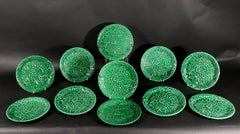 Vintage Green-glaze Majolica Lotus Pattern Pottery Plates