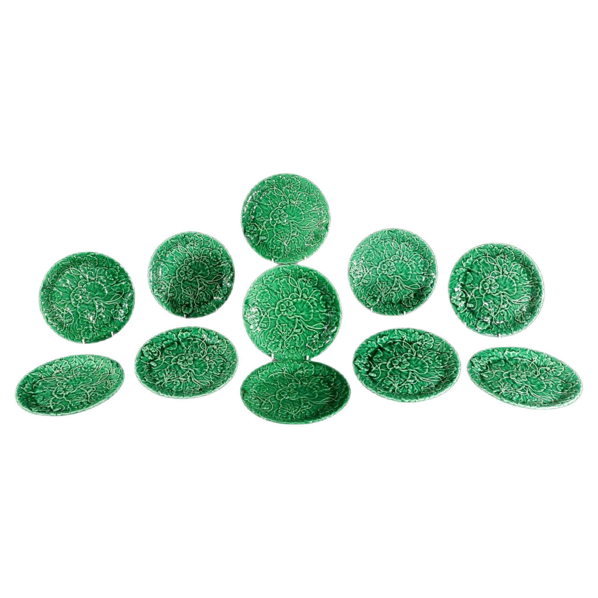 Vintage Green-glaze Majolica Lotus Pattern Pottery Plates