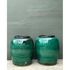 Vintage Green Glazed Earthenware Vessels - A Pair