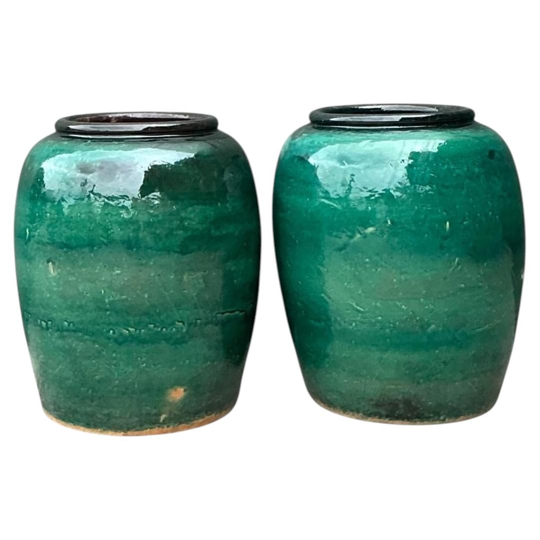 Vintage Green Glazed Earthenware Vessels - A Pair