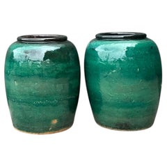 Vintage Green Glazed Earthenware Vessels - A Pair