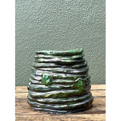 Jarrón vintage de Studio Pottery esmaltado en verde