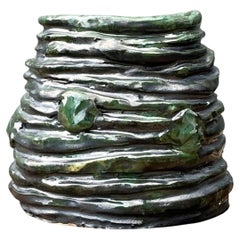 Jarrón vintage de Studio Pottery esmaltado en verde